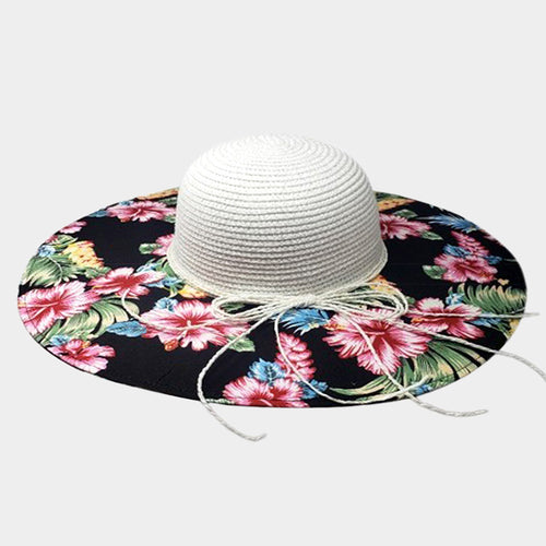 Flower Leaf Patterned Straw Sun Hat - Black, White