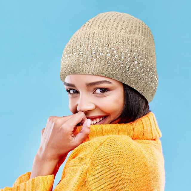 Beige Fleece Lining Rhinestone Embellished Beanie Hat 