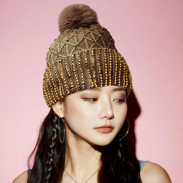 Fleece Lining Rhinestone Embellished Pom Pom Beanie Hat  display picture 1