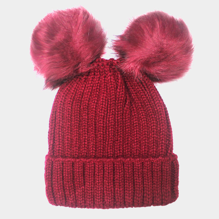 Burgundy Soft Cable Knit Double Faux Fur Pom Pom Beanie Hat Warm Knit Winter Hat Knit Beanie Pom Pom Hat, Accessorize the fun way with this faux fur pom pom ear knit hat, the autumnal touch you need to finish your outfit in style. Perfect gift Birthday, Christmas, Anniversary, Valentine's Day, Cold Weather, Loved one, Friend&nbsp;