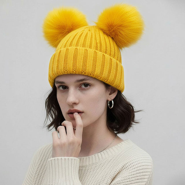 Madeline Love Mustard Double Pom Pom Knit Beanie Hat - Hats