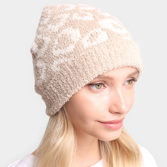 Beige Leopard Patterned Soft Knit Beanie Hat
