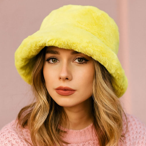 Faux Fur Bucket Hat - Yellow