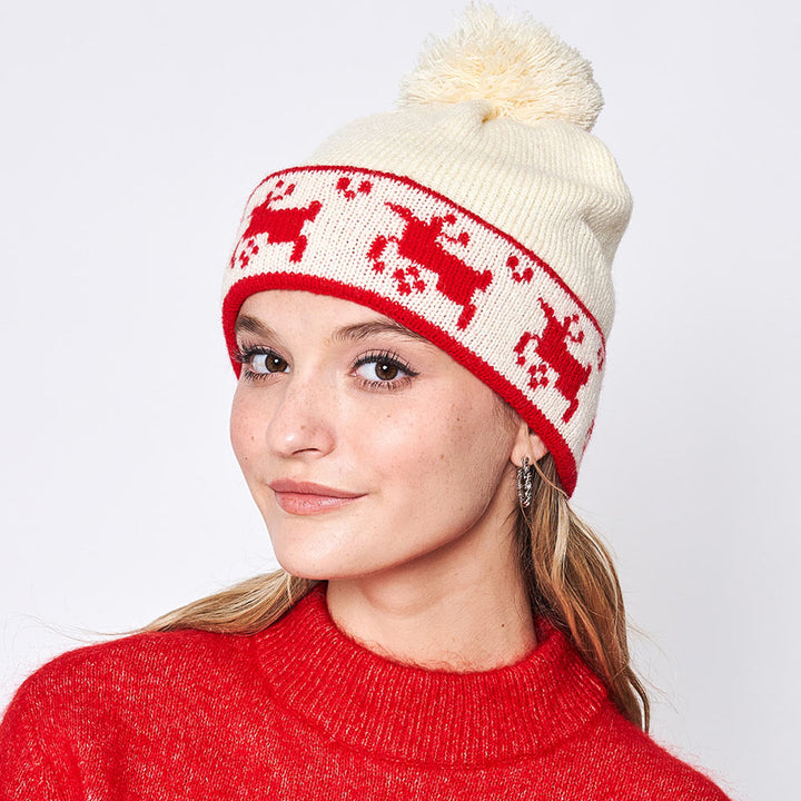 Ivory Reindeer Holiday Pom Pom Beanie Hat