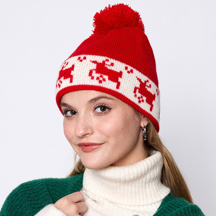 Red Reindeer Holiday Pom Pom Beanie Hat