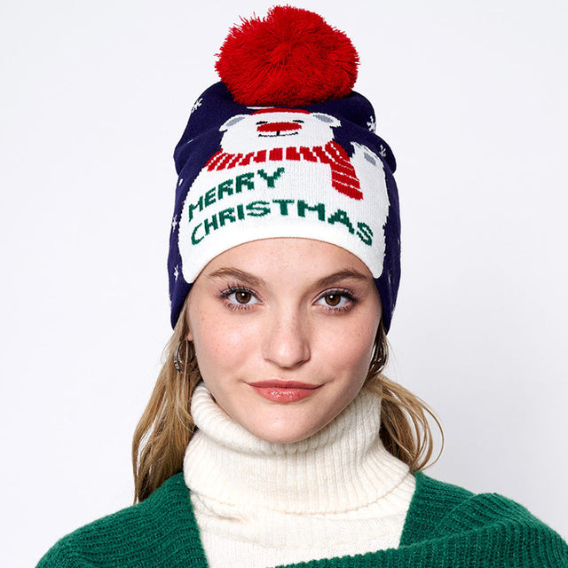 Navy Merry Christmas Message Polar Bear Pom Pom Beanie Hat