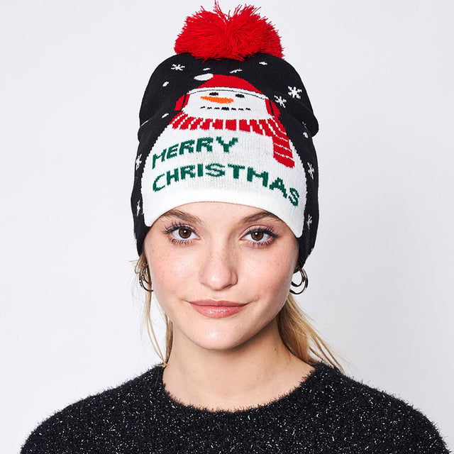 Black Merry Christmas Message Snowman Pom Pom Beanie Hat