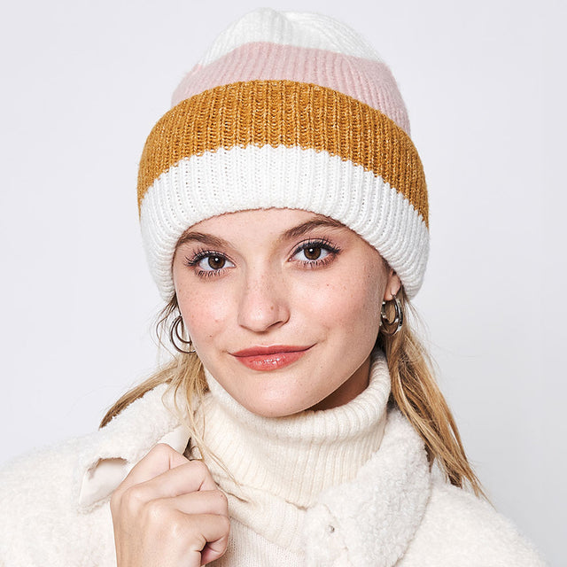 Ivory Striped Ribbed Beanie Hat