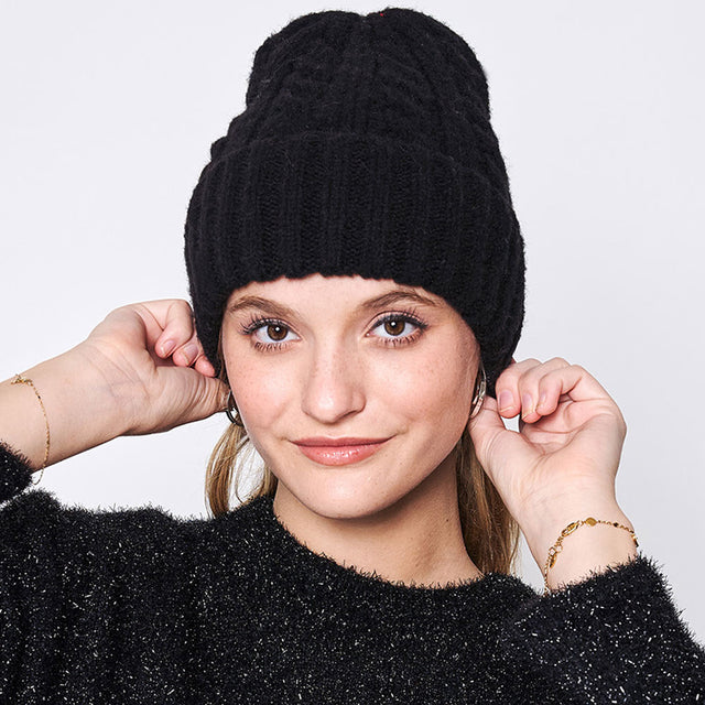 Black Solid Cable Knit Beanie Hat