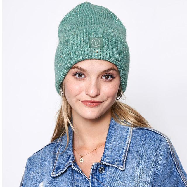 Green Sequin Embellished Lurex Cuff Beanie Hat