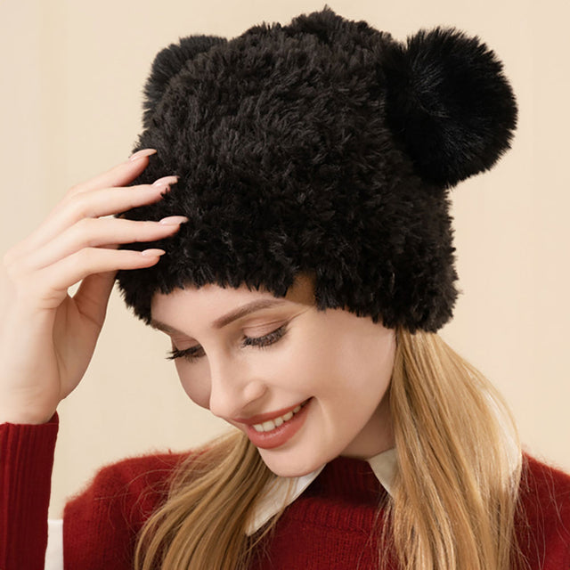 Black Faux Fur Pom Pom Ear Beanie Hat
