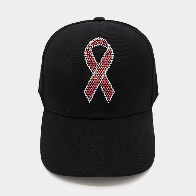 Black Pink Ribbon Bling Studded Pointed Baseball Cap