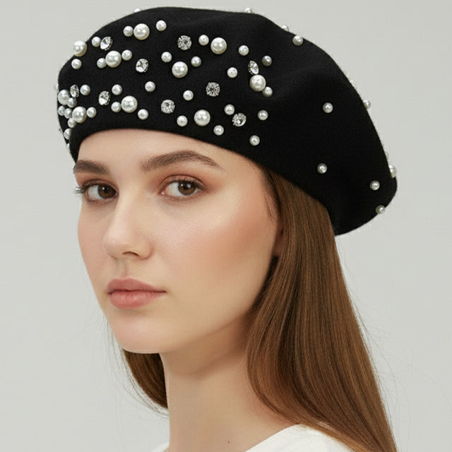 Madeline Love Black Pearl Rhinestone Embellished Winter Beret Hat - Hats
