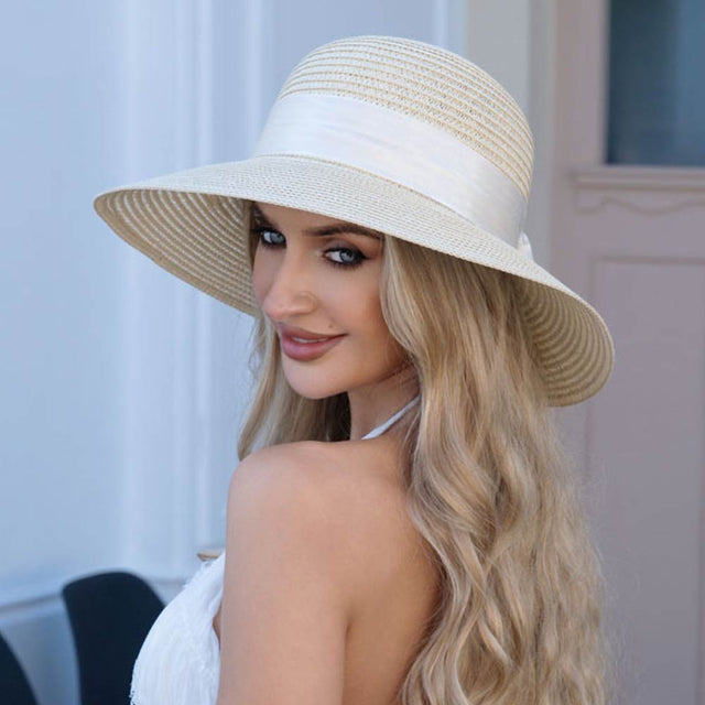 Madeline Love Beige Bow Accent Wide Brim Straw Sun Hat - Hats
