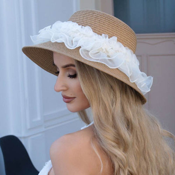 Elegant Pearl-Trim Wide Brim Sun Hat with Flower Accent - Cream & Black Pearl Wide Brim Hat - Etsy main image 4