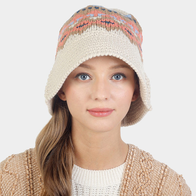Madeline Love Ivory Nordic Pattern Knitted Bucket Hat - Hats