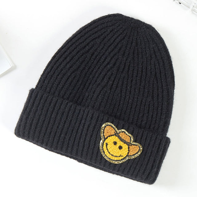 Black Cowboy Hat Smile Accented Knit Beanie Hat