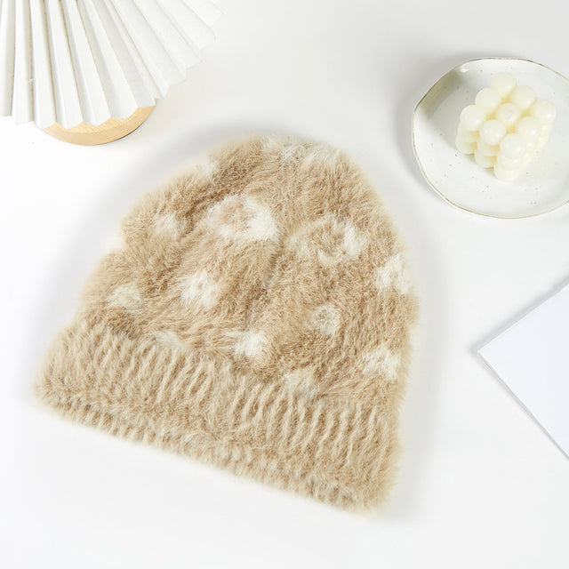 Beige Leopard Patterned Beanie Hat