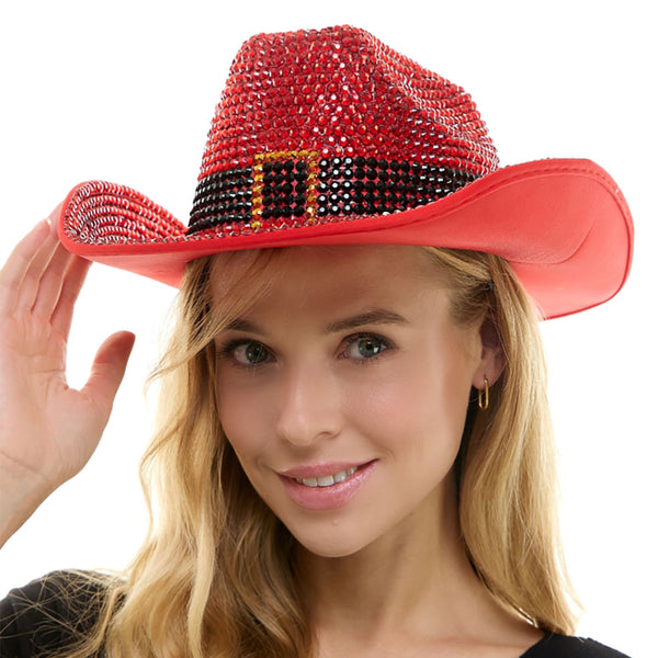 Red Festive Rhinestone Santa Belt Cowboy Hat