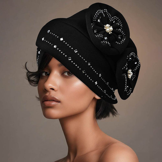Madeline Love Black Pearl Rhinestone Cluster Embellished Floral Turban Hair Wrap - Hair Accessories