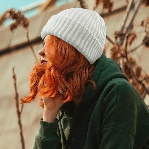 Ribbed Knit Cuffed Beanie Hat - White