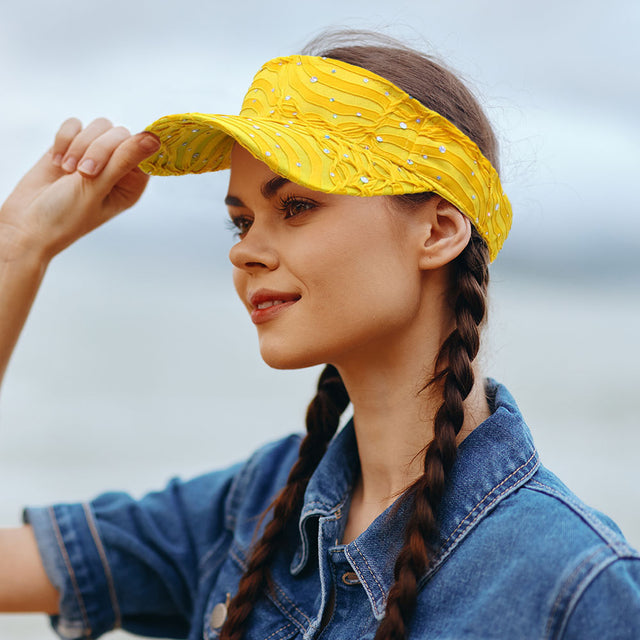 Madeline Love Yellow Crystal Accented Ruffled Fashion Visor Hat - Hats