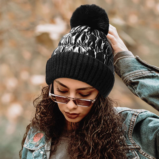 Black Fleece Lining Puffer Knit Pom Pom Beanie Hat