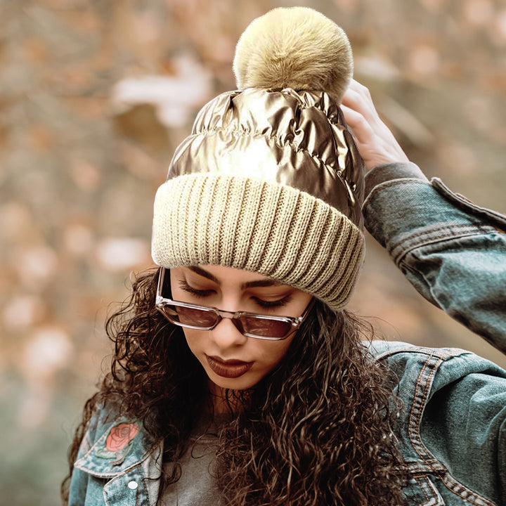 Gold Fleece Lining Puffer Knit Pom Pom Beanie Hat