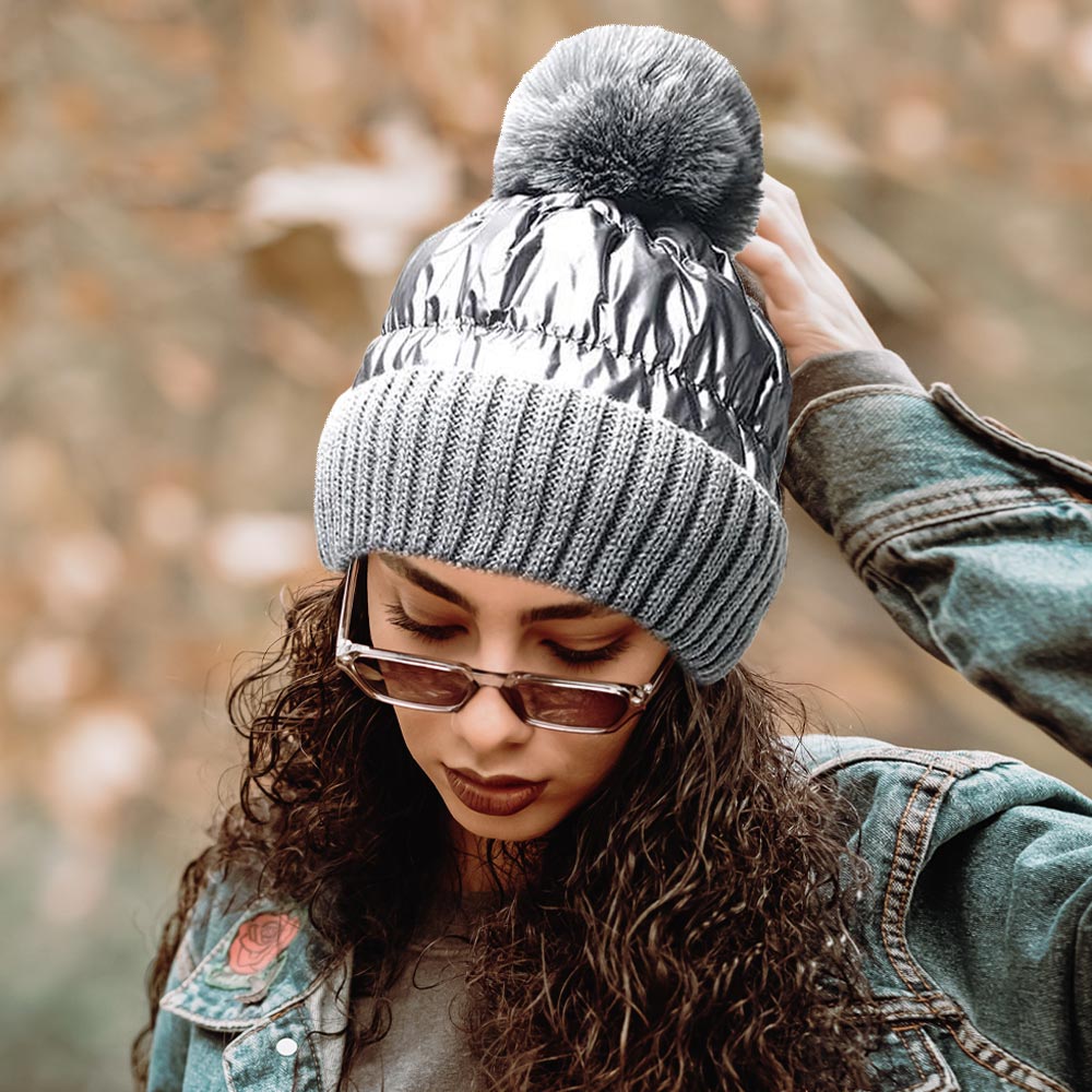 Fleece Lining Puffer Knit Pom Pom Beanie Hat – Madeline Love display picture 1