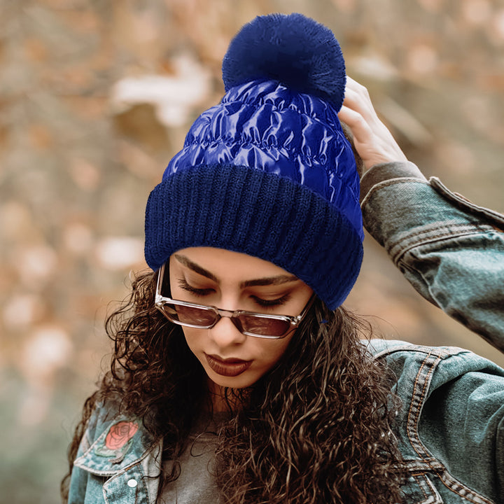 Navy Fleece Lining Puffer Knit Pom Pom Beanie Hat
