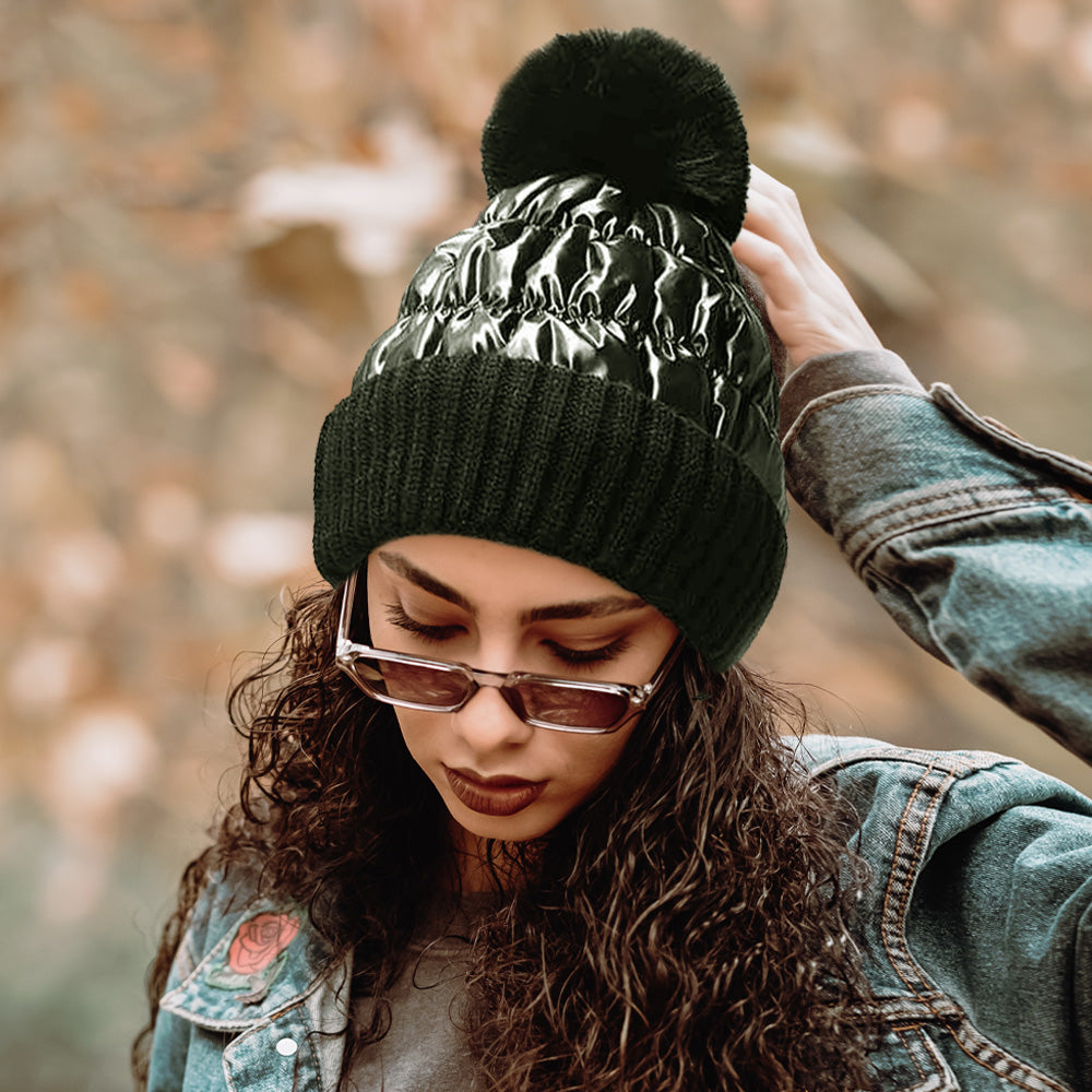 Fleece Lining Puffer Knit Pom Pom Beanie Hat – Madeline Love display picture 1
