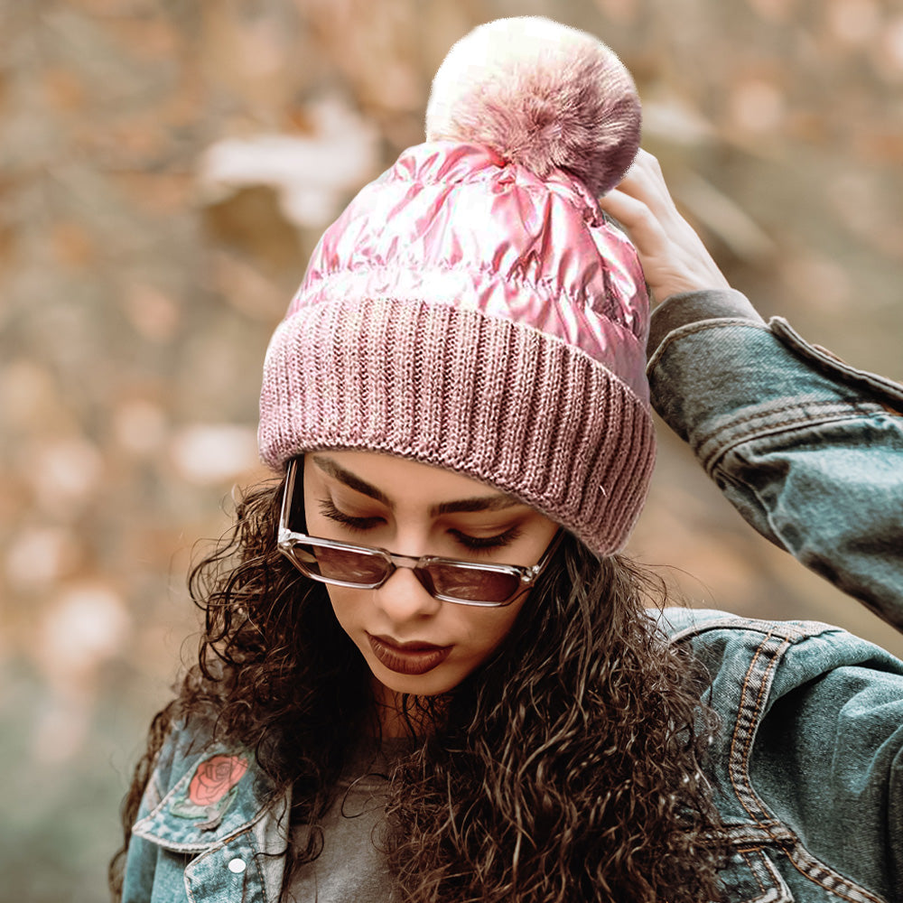 Fleece Lining Puffer Knit Pom Pom Beanie Hat – Madeline Love display picture 3