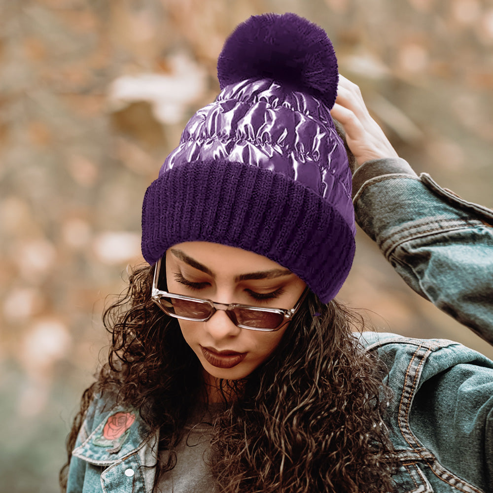 Fleece Lining Puffer Knit Pom Pom Beanie Hat – Madeline Love display picture 1