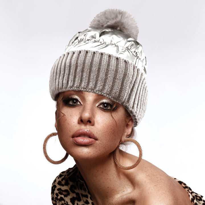 Silver Fleece Lining Puffer Knit Pom Pom Beanie Hat