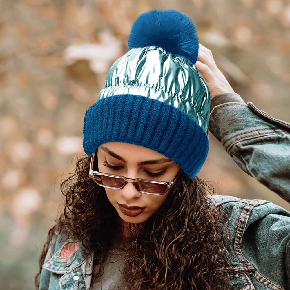 Fleece Lining Puffer Knit Pom Pom Beanie Hat – Madeline Love display picture 2