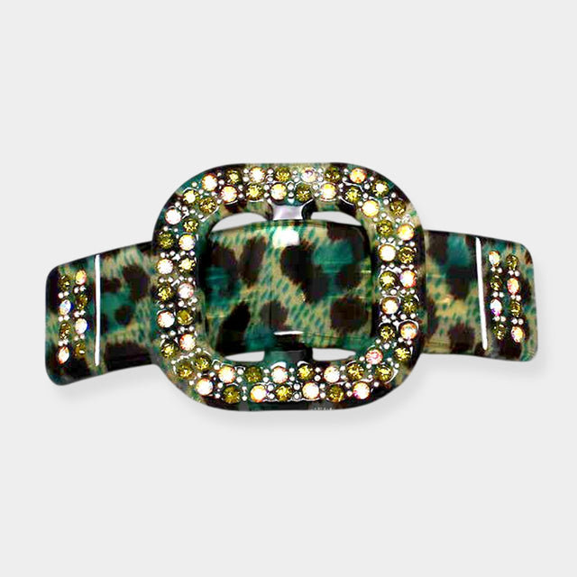 Madeline Love AB, Black, Green Rhinestone Buckle Leopard Print Resin Hair Barrette - Hair Accessories