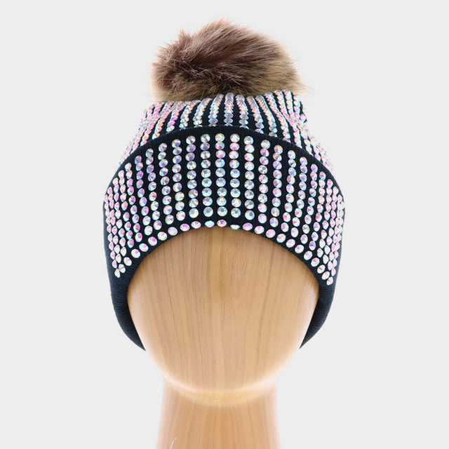 Black Double Layer Bedazzled Cuffed Pom Pom Beanie Hat 
