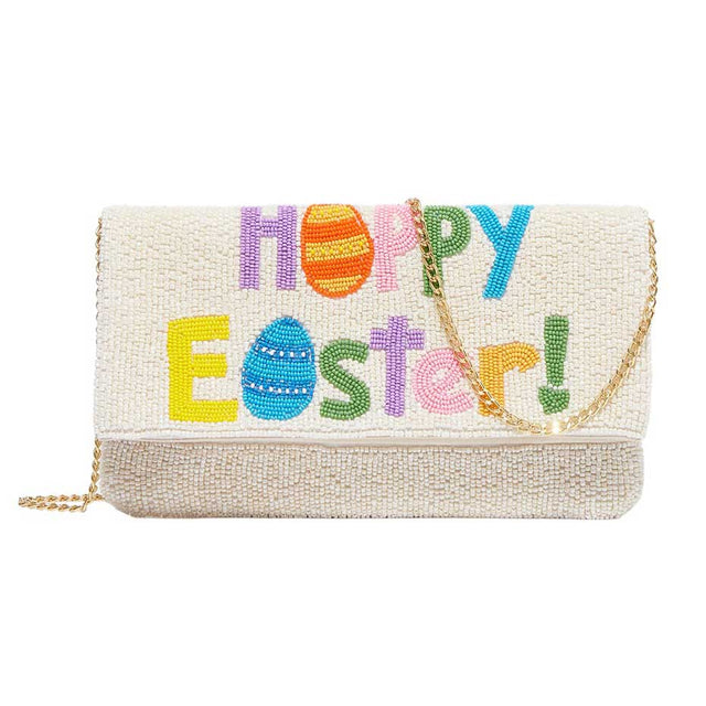 HAPPY EASTER Message Seed Beaded Clutch Crossbody Bag is the perfect accessory for your Easter celebrations. With its intricate beaded design and versatile crossbody style, it adds a touch of festive elegance to any outfit. This bag is a perfect Easter gift to someone you love and care about. Spread joy and style.