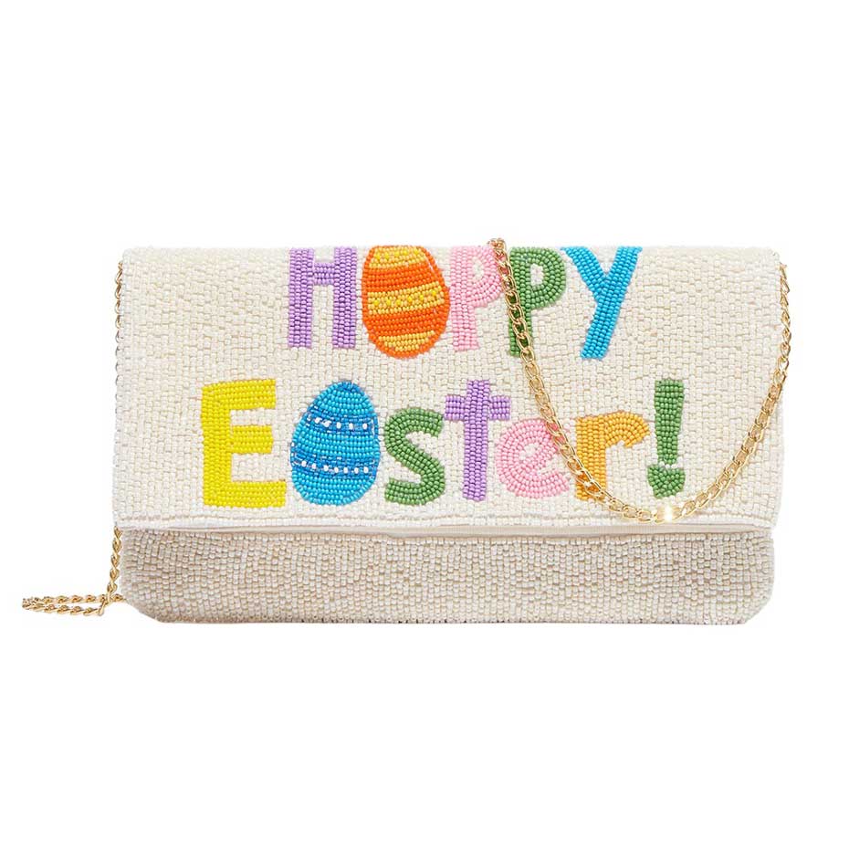 HAPPY EASTER Message Seed Beaded Clutch Crossbody Bag is the perfect accessory for your Easter celebrations. With its intricate beaded design and versatile crossbody style, it adds a touch of festive elegance to any outfit. This bag is a perfect Easter gift to someone you love and care about. Spread joy and style.