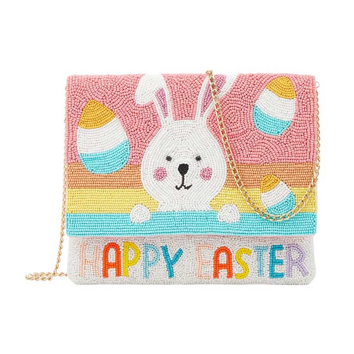 HAPPY EASTER Message Seed Beaded Easter Bunny Clutch Crossbody Bag, perfect for your Easter celebrations! This stylish and versatile bag features a fun and festive message, beautifully crafted with seed beads. With a chic crossbody design, it's the perfect accessory to add a touch of Easter spirit to any outfit.