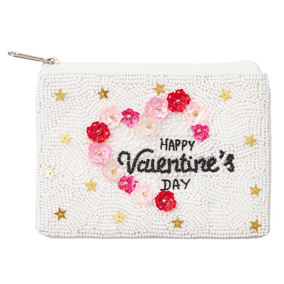 BE MY VALENTINE Message Flower Sequin Seed Beaded Mini Pouch Bag, Celebrate love with our specially designed pouch bag. This stylish and unique pouch features a heartfelt message and beautiful floral design. Perfect for carrying essentials, it's a lovely way to express your affection.