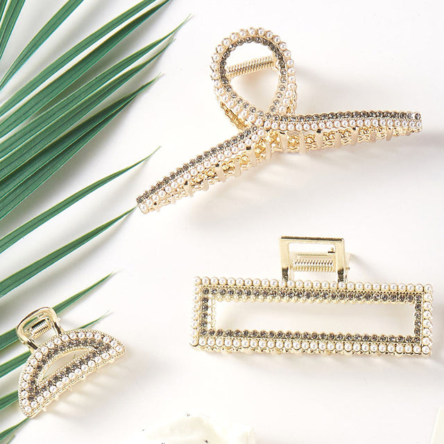 Madeline Love Cream, Gold 3PCS - Geometric Rhinestone Pearl Embellished Hair Claw Clip Set - Hair Accessories