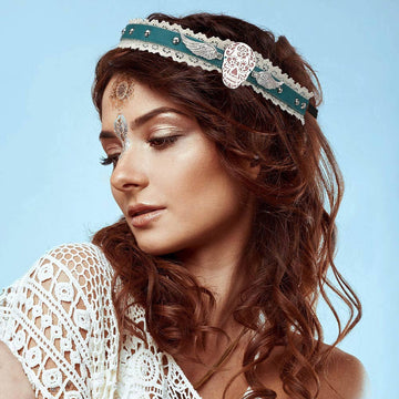 Madeline Love Turquoise, Worn Silver Day of the Dead Mexican Sugar Skull & Wings Faux Leather Lace Stretch Headband - Hair Accessories