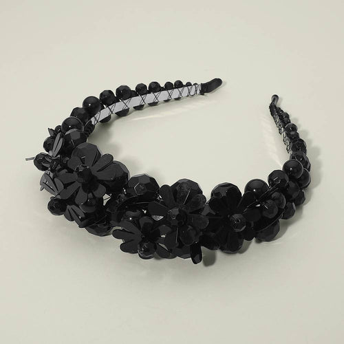 Floral Beaded Statement Headband - Black
