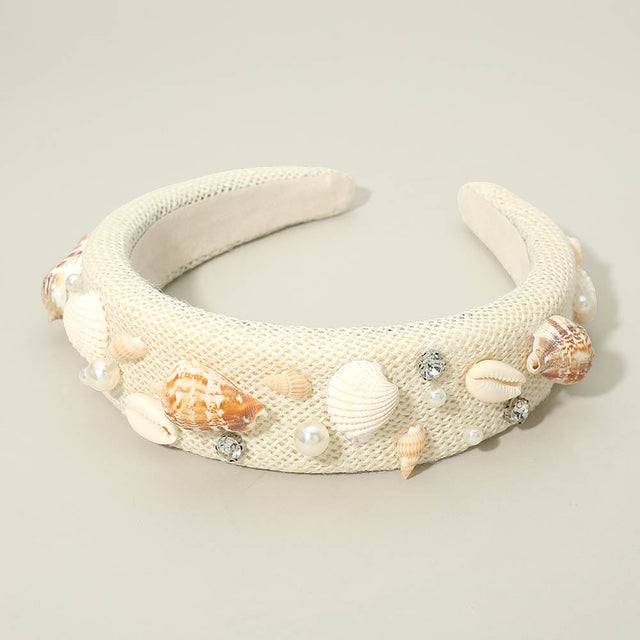 Madeline Love Ivory, Silver Seashell Pearl STone Embellished Headband - Hair Accessories