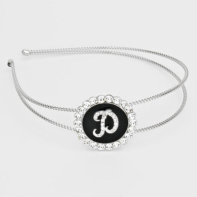 Madeline Love ~D~, Black, Clear, Silver -D- Crystal Accented Initial Monogram Headband - Hair Accessories