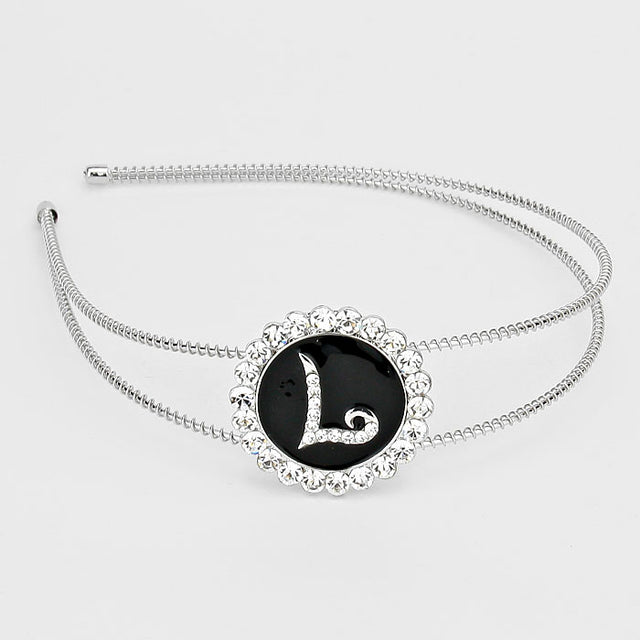 Madeline Love ~L~, Black, Clear, Silver -L- Crystal Accented Initial Monogram Headband - Hair Accessories