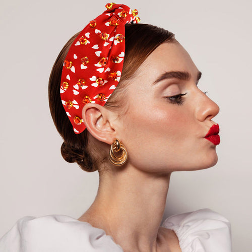 Heart Stone Embellished Knot Headband - Red