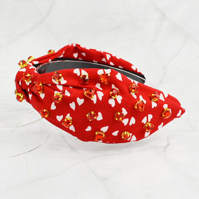 Heart Stone Embellished Knot Headband - Red - Headbands