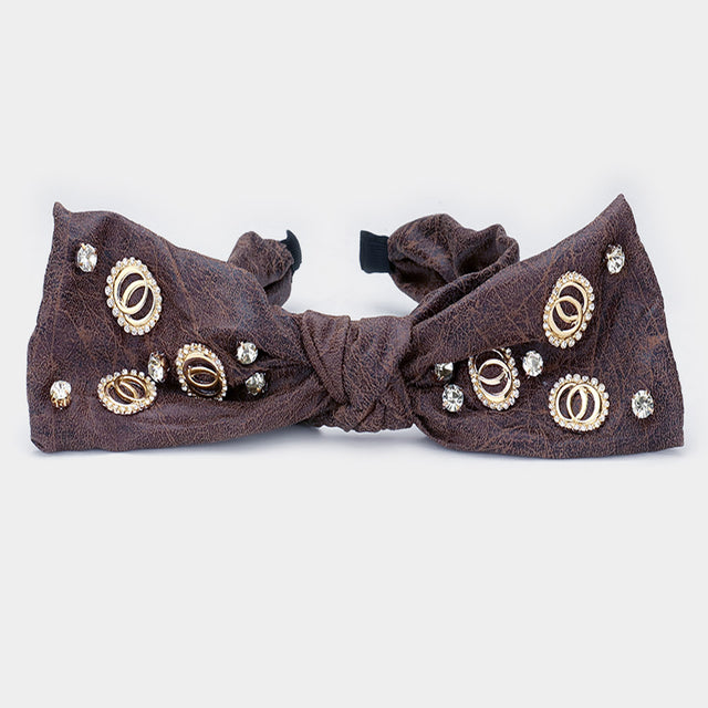 Madeline Love Dark Brown Stone Embellished Open Metal Circle Link Bow Headband - Hair Accessories